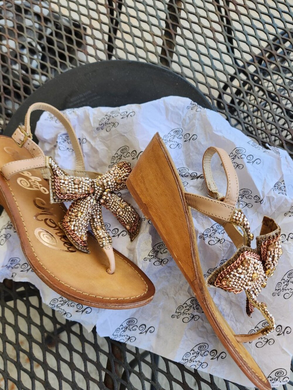 Womens Naughty Monkey Gold Bow Beaded Wedge Sandal 6 EUC